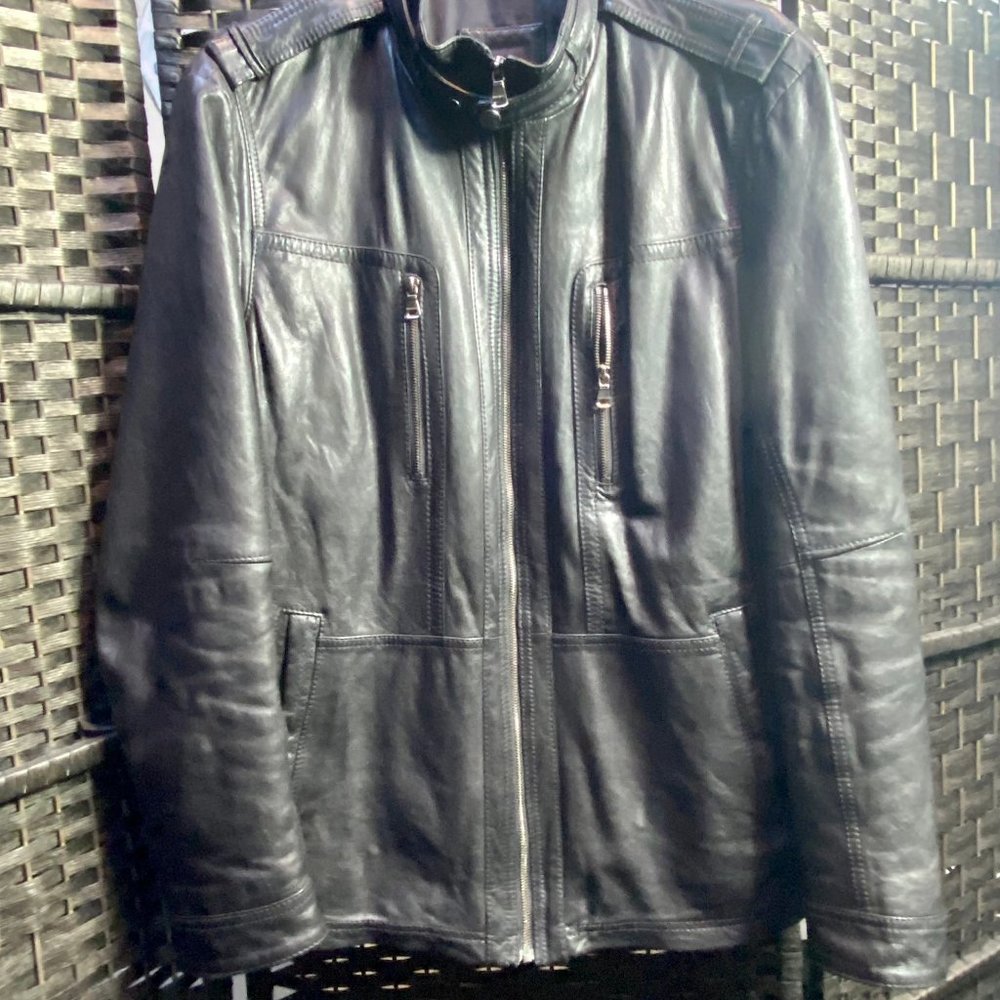 BOSS Mens Black 100% Lamb Leather Moto Jacket